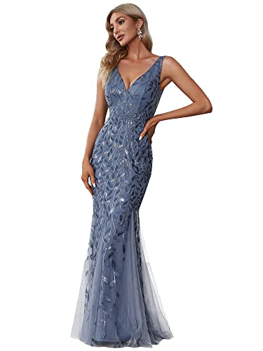 Ever-Pretty Women's Formal Dress Sequin Double V-Neck Sleeveless Mermaid Long Evening Dress Dusty Navy US4