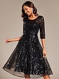 Ever-Pretty Women's Round Neck 3/4 Sleeves Formal Dresses Sequin A Line Midi Wedding Guest Dress Black US4