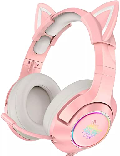 Pink Gaming Headset K9 with 7.1 Virtual Surround Sound and Removable Cat Ear for PS4, PC, Computer, Noise Canceling Retractable Microphone