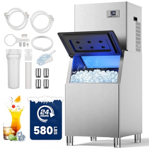 Commercial Ice Maker Machine 580Lbs/24H, 380Lbs Large Storage Bin, 210 Ice Cubes in 5-15 Minutes, Perfect for Bars, Cafes, Restaurants