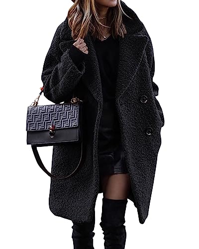 BTFBM Women 2025 Winter Faux Fur Coats Lapel Long Sleeve Fuzzy Fleece Outerwear Button Down Sherpa Jackets Fall Outfits(Solid Black, Medium)