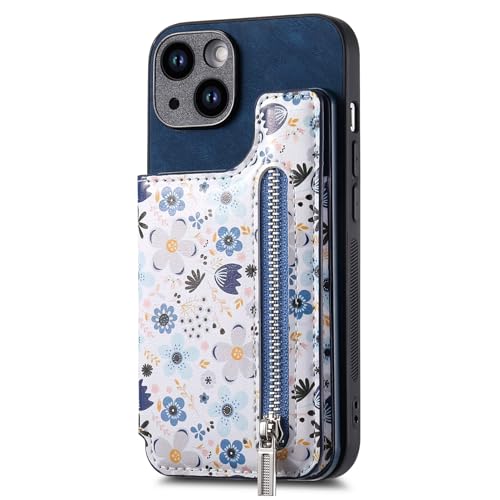 ONV Phone Case Compatible with Oppo Realme V50 5G - Flower Printing Leather Case with Zipper Metal Buckle Anti-Seismic Bumper Standfunction Cover for Oppo Realme V50 5G / Realme V50S 5G [D10] -Blue