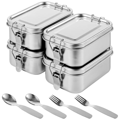 TIMCORR 4 PCS Stainless Steel Bento Boxes,550ml 304 Lunch Boxes Containers Set,Food Storage Containers,Snack Box Metal Lunch Containers,Includes 2 Forks and 2 Spoons,Snack Boxes for Adults