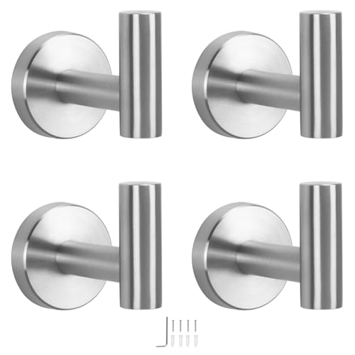 NearMoon Bath Towel Hooks- SUS 304 Stainless Steel Robe Hook Holder, Heavy Duty Coat Hook for Bathroom Livingroom Hotel Kitchen Garage, Wall Mounted- 4 Pack (Brushed Nickel)