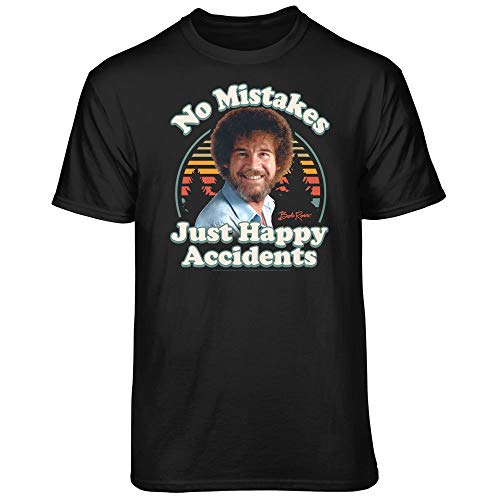 Teelocity Bob Ross No Mistakes Just Happy Accidents Retro Graphic T-Shirt (3XL - Standard Fit, Black)