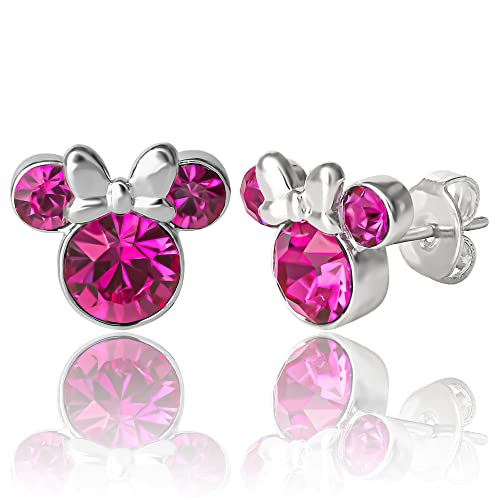 Disney Womens Minnie Mouse October Birthstone Stud Earrings - Minnie Mouse Brass Earrings - Disney Jewelry (October-Fuchsia Crystal)