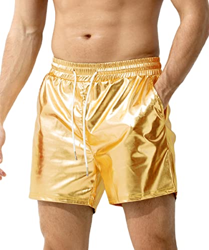 Arjen Kroos Men's Metallic Shorts Sexy Rave Hot Short Shorts with Drawstrings and Side Pockets,GOLD-AK3112,Large