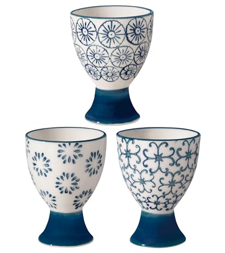 Nordring Kristina Stoneware Egg Cups – Set of 3 Handmade Ceramic Egg Holders with Patterned Stamp Decor – Dishwasher & Microwave Safe – Rustic Scandinavian Design – 2.75’’ High