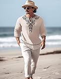 JoZorro Linen Outfit - Long Sleeve Henley Shirts, African Shirts Thobe, Islam Mens V Neck T Shirt, African Dress Shirt, Dashiki Outfit, Half Long Sleeve Shirt - Beige