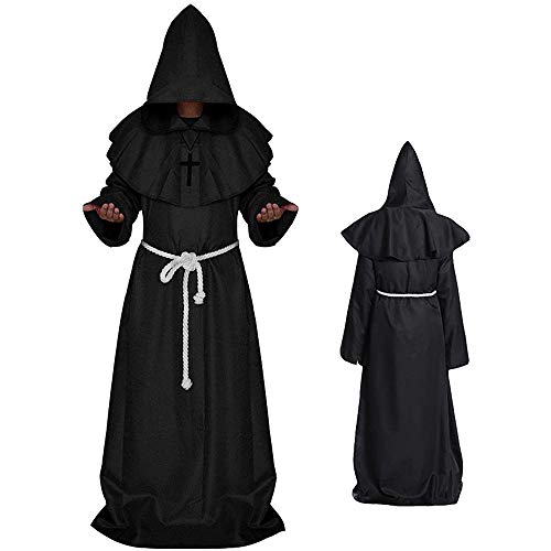 Monk Costume Adult Men Halloween Cosplay Monk Costume Adult Men Black Monk Costume Aadult Men Hooded Cloak Monk Costume Aadult Men Medival Renaissance Priest Monk Costume Aadult Men Wizard Cape