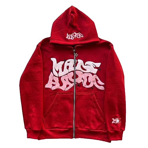 ZENMANCHEN Y2k Hoodies Puff Print Hoodie Grunge Graphic Zip Up Hoodies Y2k Jacket Hip Hop Streetwear Aesthetic Sweatshirts (US, Alpha, Medium, Regular, Regular, 2-red)