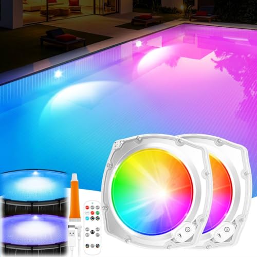 Rechargeable Submersible Pool Lights with Remote, Hight Brightness 5000mAh Swimming Led Pool Lights for Above Ground Pools Waterproof, 9 Modes Underwater Magnetic Pool Light for Inground Pool-2pc