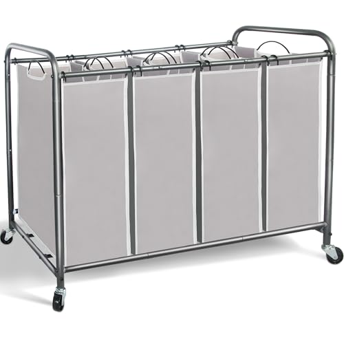 STORAGE MANIAC Laundry Sorter 4 Section, 47.8 Gal (181 L) Laundry Hamper with Wheels, Clothes Divider Basket Sorter, Clothes Separator Hamper Cart with Wheels and Removable Bags, Gray