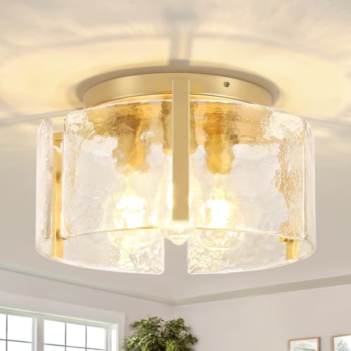14.96'' Modern Gold Semi Flush Mount Ceiling Light, 3-Light Dimmable Glass Light Fixtures, Ceiling Lights for Hallway Entryway Kitchen Laundry Room Dining Room Bedroom Foyer Lighting, UL-Listed