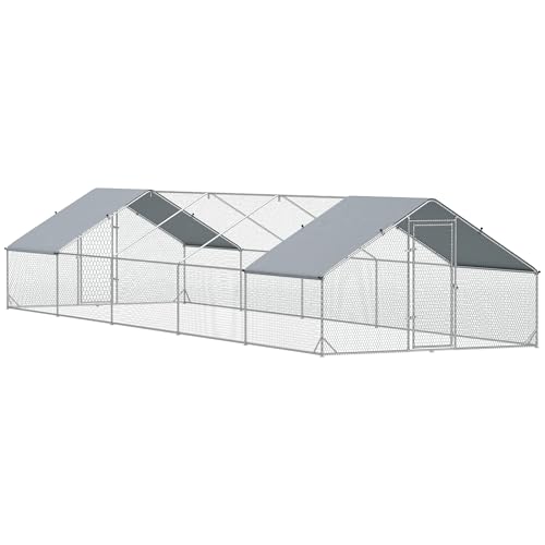 PawHut Large Chicken Coop Metal Chicken Run with Waterproof and Anti-UV Cover, Spire Shaped Walk in Fence Cage Hen House for Outdoor and Yard Farm Use, 1" Tube Diameter, 9.8' x 32.8' x 6.4'