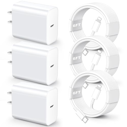 for iPhone Fast Charger【MFi Certified】 3 Pack 20W PD USB C Wall Charger Adapter with 6FT USB C to ightning Cord Fast Charging Cable Compatible with iPhone 14/13/12/11/Pro/Pro Max/Xs/Xr/X, White