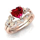 LELOUCHY 10K 14K 18K Gold Heart Ruby Engagement Ring Set for Women Leaf Art Deco Ring Set Heart Cut Vintage Vine Ruby Bridal Wedding Promise Ring Set Size4~15