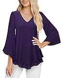 Lotusmile Womens Tops Dressy Casual, Womens Dressy Tops and Blouses for Work Flutter 3/4 Sheer Sleeve Mesh Blouse Business Attire Purple Shirt Going Out Evening Tops for Mature Women Party Elegant, L