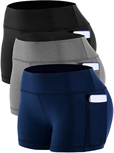 CADMUS Women's Workout Yoga Running Compression Exercise Booty Shorts with One Side Pockets,3 Pack,09,Black,Grey,Navy Blue,Medium