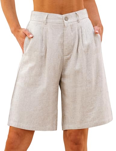 Luvamia Linen High Waisted Bermuda Shorts with Pockets - Women's Long Casual Shorts in Beige, Old Money Aesthetic, Size Medium (Fits 8-10)