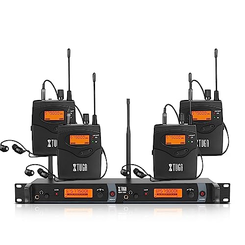 XTUGA IEM1200 Wireless in Ear Monitor Dual Channel 4 Bodypacks Ear Monitors Musicians, 2 x 40 Frequencies, Rack Mount, 300Ft Range, UHF Wireless IEM Used for Church, Band and Studio