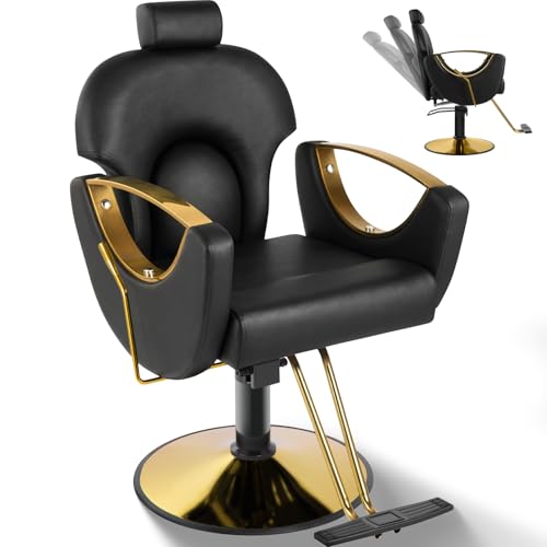 Tythical Salon Chair Reclining Barber Hair Chair for Hair Stylist with Heavy Duty Hydraulic Pump, 360 Swivel Styling Beauty Spa Tattoo Equipment for Home Barbershop, Black Gold