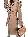 Fisoew Women's Double Breasted Long Trench Coat Windproof Classic Lapel Belted Overcoat with Pockets Khaki