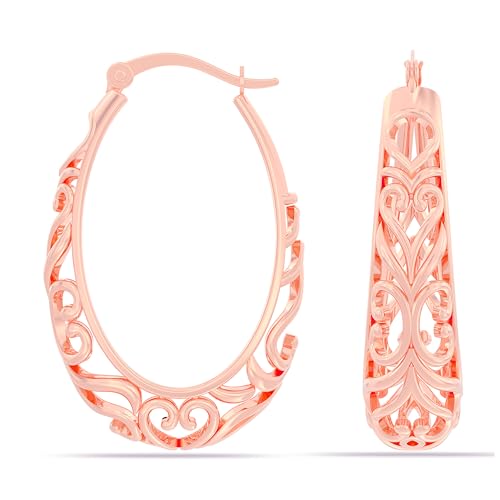 LeCalla 925 Sterling Silver Hoop Earrings Italian 14K Rose-Gold Plated Oval Filigree Hoops Earring Click-Top Lightweight Jewelry for Women - 32MM