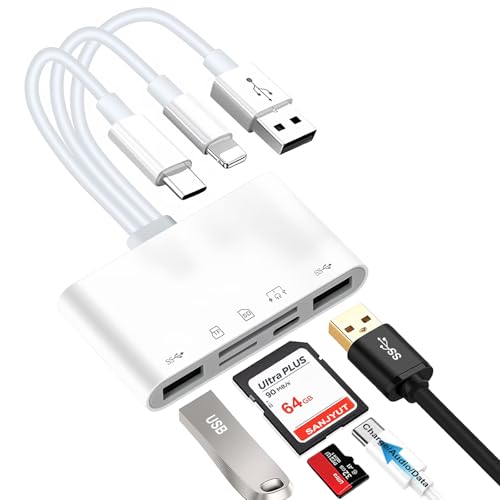 7-in-1 Memory Card Reader Universal Card Reader for iPhone/iPad with USB/USB C Connector & SD/TF Card Slots USB OTG Adapters Supports SD/Micro SD/SDHC/SDXC/MMC Memory Cards Plug and Play