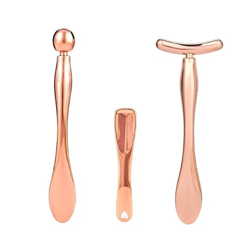 3Pcs Metal Eye and Face Cream Applicator Stick Cosmetics Spoon Spatula, Massager Tool for Facial Massage, Reduce Puffiness (Rose Gold)