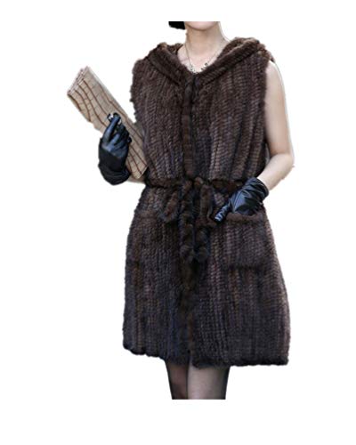 LVCOMEFF Women Genuine Knitted Mink Fur Long Vest with Hood with Belt (brown,Size XL (vest bust 110 cm))