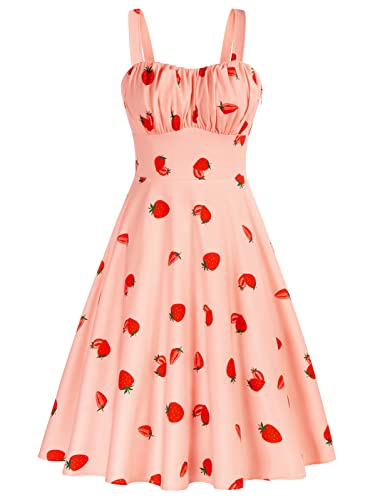Belle Poque 1950s Style Vintage Dresses for Women Summer Sleeveless A Line Flowy Midi Beach Dress Strawberry XX-Large