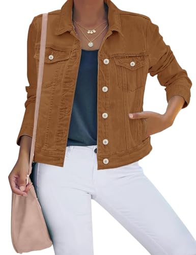 luvamia Women's Casual Long Sleeves Jacket Basic Button Down Trucker Jacket Coat Jackets for Women Winter Jackets for Women Womens Spring Jackets 2024 Brown Size 3X-Large Fits Size 24 / Size 26