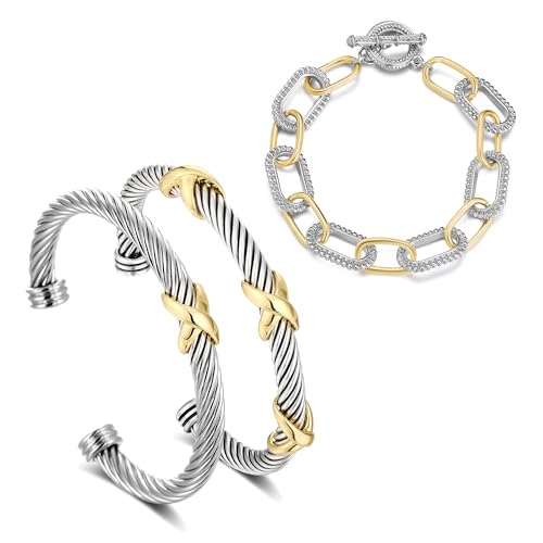 HANTNOOL 3PCS Twisted Cable Bracelet and Chain Trendy Cuff Bracelet Link Designer Dupes Adjustable Bangle Set Jewelry for Women for Her (Two Cuff and Chian C)