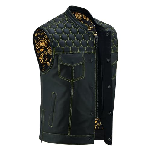 Daniel Smart Biker Vest for Men Premium Cowhide Black Leather Motorcycle Vest with Unique Scoop Collar Design &Armory Pockets