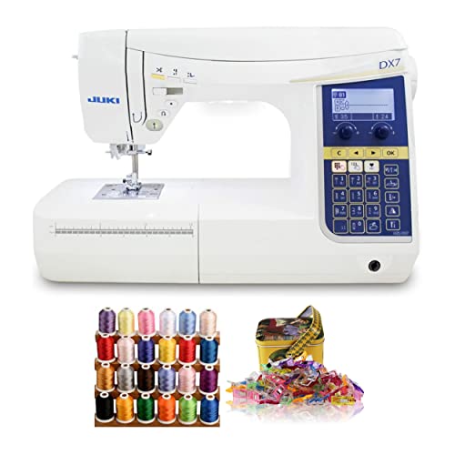 JUKI HZL-DX7 Sewing Machine with Multipurpose Sewing Clips and 1100 Yards Trilobal Polyester Embroidery Machine Thread (3 Items), White