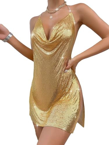 Falainetee Women's Metallic V Neck Backless Chain Cami Party Dress Gold M