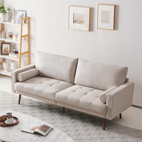 Vonanda Fabric Sofa Couch, Mid-Century 73 Inch 3 Seater Linen Couch with Hand-Stitched Comfort Cushion and Bolster Pillows for Living Room,Elegant Beige