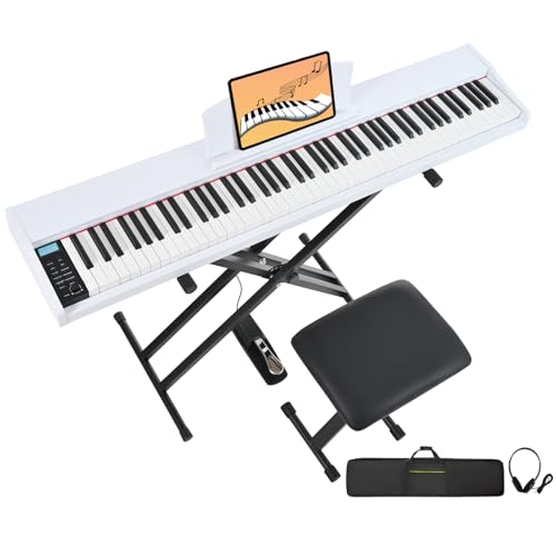 MSTNE Digital Piano 88 Key Weighted with Piano Bench, 88 Key Full Size Semi Weighted Keyboard Piano, Electronic Piano for Beginner,with Adjustable Stand,Carrying Case,Sustain Pedal,Headphone (White)