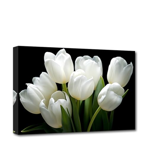 CXHOSTENT Tulip Canvas Wall Art White Flower Pictures Wall Decor Floral Plants Painting Print Home Bathroom Bedroom Decor Frame (Tulip - 1, 12L x 18W)