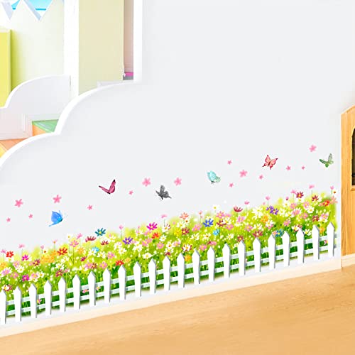 RoyoLam Colorful Flower Butterfly Fence Wall Decals Living Room Baseboard Skirting Line Wall Stickers Removable Peel and Stick Waterproof Wall Art Decor Stickers for Bedroom Bathroom Office