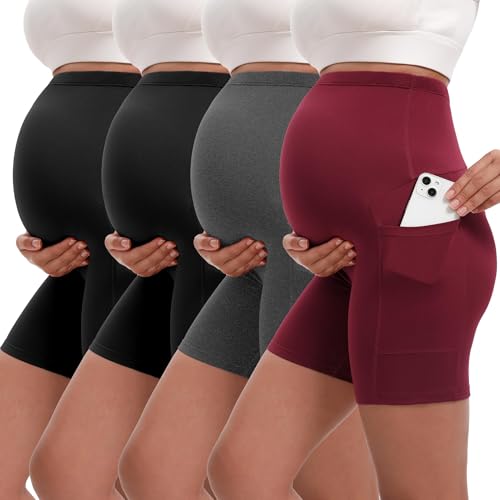 Siimcuzy 4 Pack Women's Maternity Shorts with Pockets Over The Belly Yoga Biker Pregnancy Workout Running Active Shorts 2 Black 1 Heather Grey 1 Wine Medium