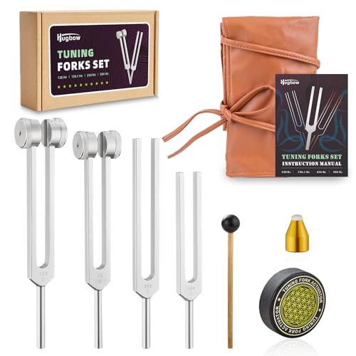 Hugbow Tuning Forks for Healing, Aluminum Alloy Tuning Fork 128Hz, 136.1Hz, 256Hz, 384Hz, Hockey Puck Activator & Gem feet, Weighted & Unweighted Tuning Fork Set with Vegan Leather Pouch