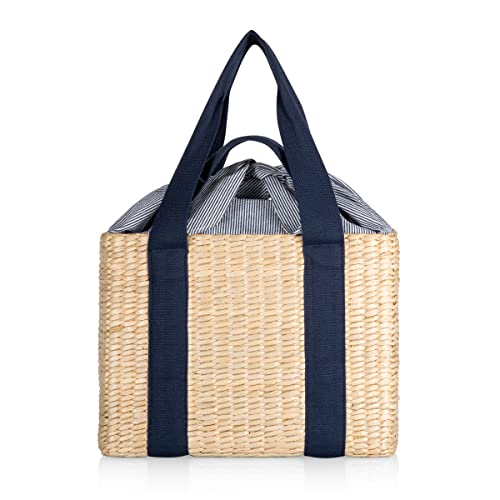 PICNIC TIME Parisian Picnic Basket, Insulated Seagrass Picnic Basket, Waterproof, Stylish, Perfect for Picnics, Beach, Office Lunches, Dinner Parties, and Gifts (Beige with Navy Blue Accents)
