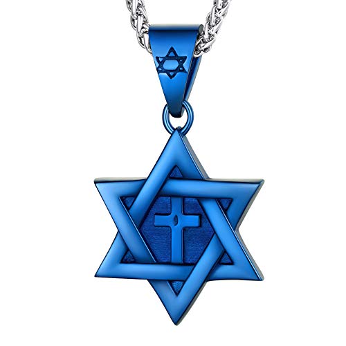 U7 Cross Star of David Necklace Blue Color Six Pointed Megan Star Pendant Jewish Jewelry with Stainless Steel Chain 22"