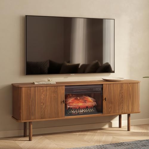 WERMO 71'' Electric Fireplace TV Stand for Living Room with Heater, Storage and Shelves Designed to fit 65’’- 75’’ Screens. Entertainment Center with Fireplace, Wood TV Stand Console (Walnut)