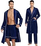 SWOMOG 3 Pcs Men's Satin Robes with Shorts and Pants Set Lightweight Sleepwear Silky Kimono Bathrobe