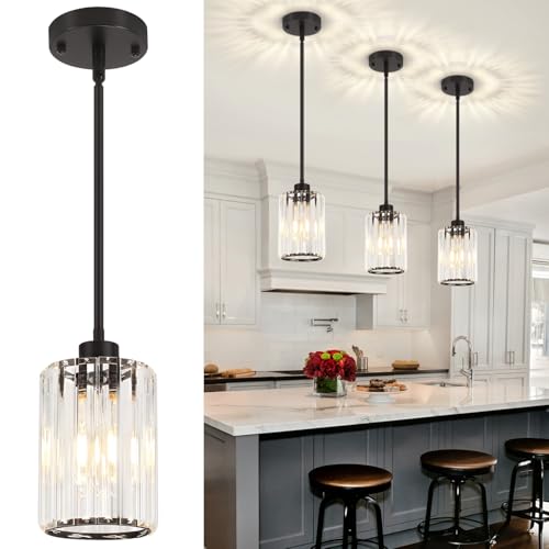 ZSMIHDOH 3 Pack Black Pendant Light, Modern Mini Crystal Pendant Lights Kitchen Island Lighting, 1-Light Pendant Light for Island Hallway Bedroom Dining Room Light Fixture