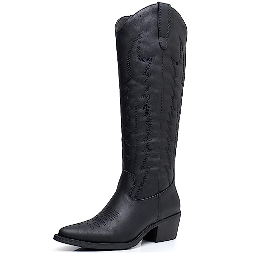 GLOBALWIN Black Cowboy Boots For Women Knee High Long Pointed Toe Western Cowgirl Boots Size 8.5M