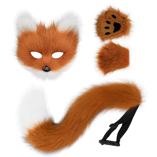 HAOAN Faux Fur Cat Masks Fox Tail and Paw Gloves Set Plush Halloween Parties Cosplay Costume Accessories